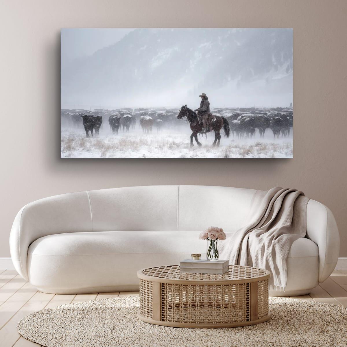 Cowboy Art Print – Rustic Western Home Decor With Winter Roundup Scene