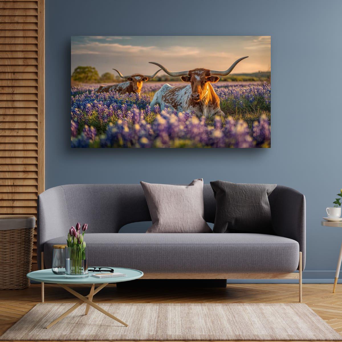 Longhorn Cattle Painting | Textured Rustic Wall Art With Bluebonnet Meadow Print