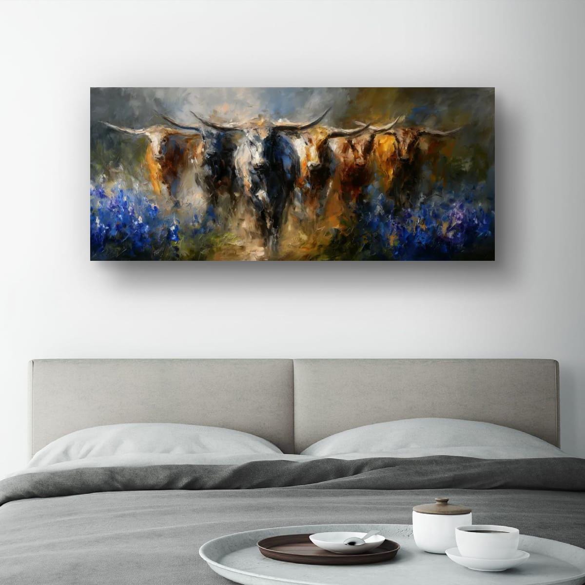 Longhorn Cattle Painting – Rustic Wall Art With Bluebonnet Landscape & Western Decor