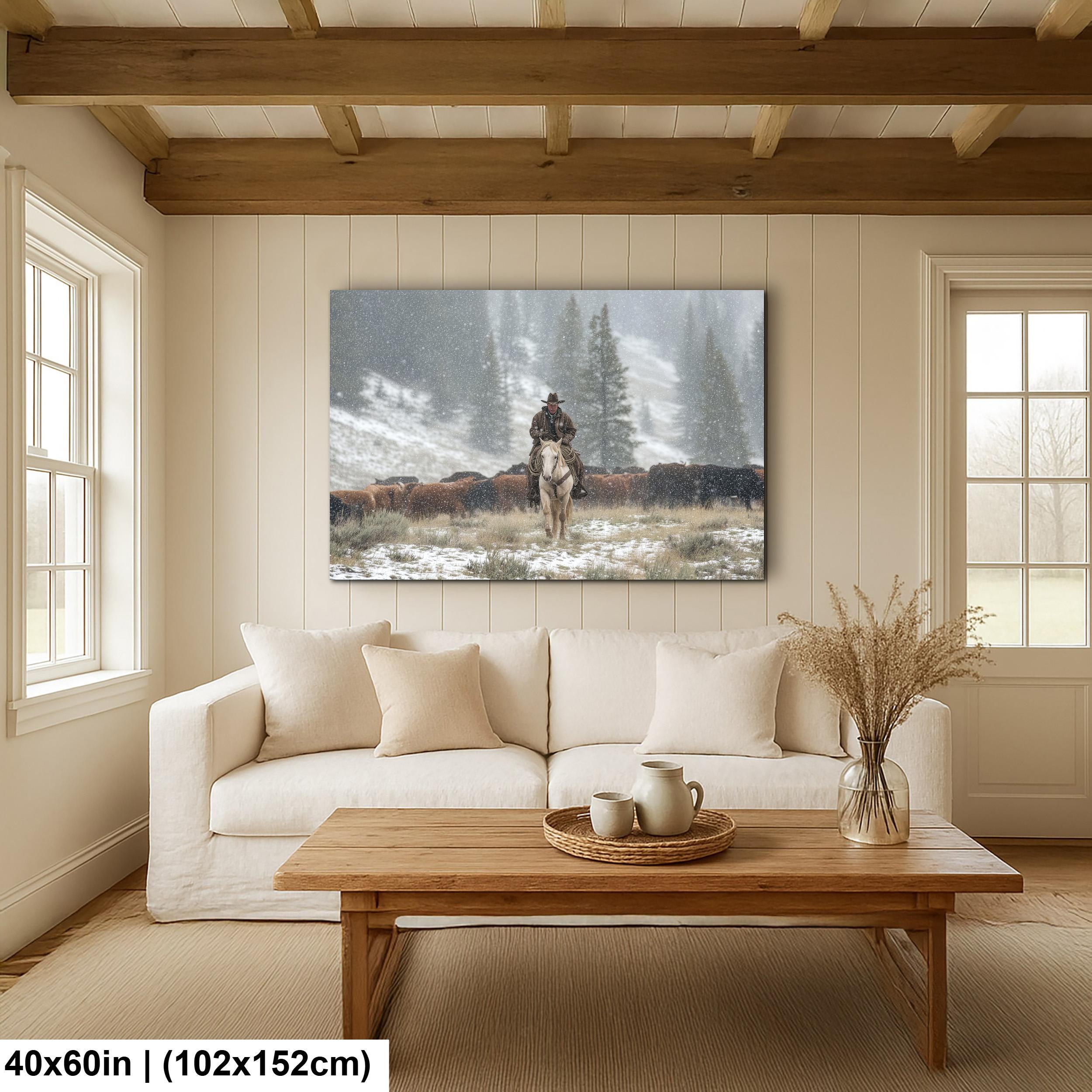 Cowboy Art Print - Rustic Western Decor | Winter Roundup Snowy Scene