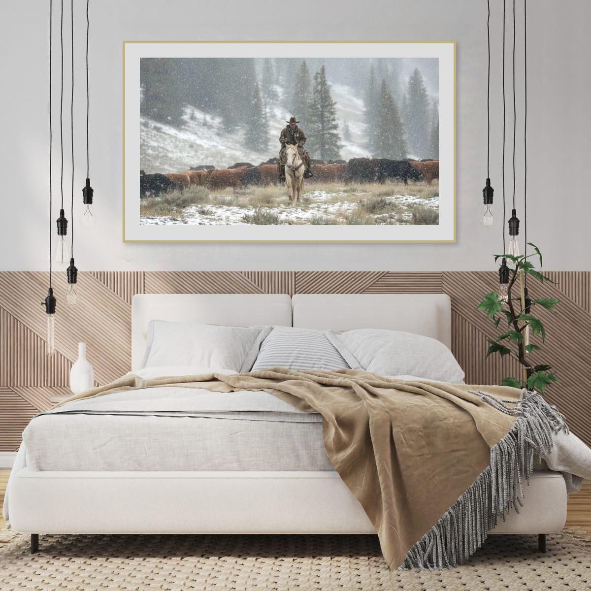 Cowboy Art Print - Rustic Western Decor | Winter Roundup Snowy Scene