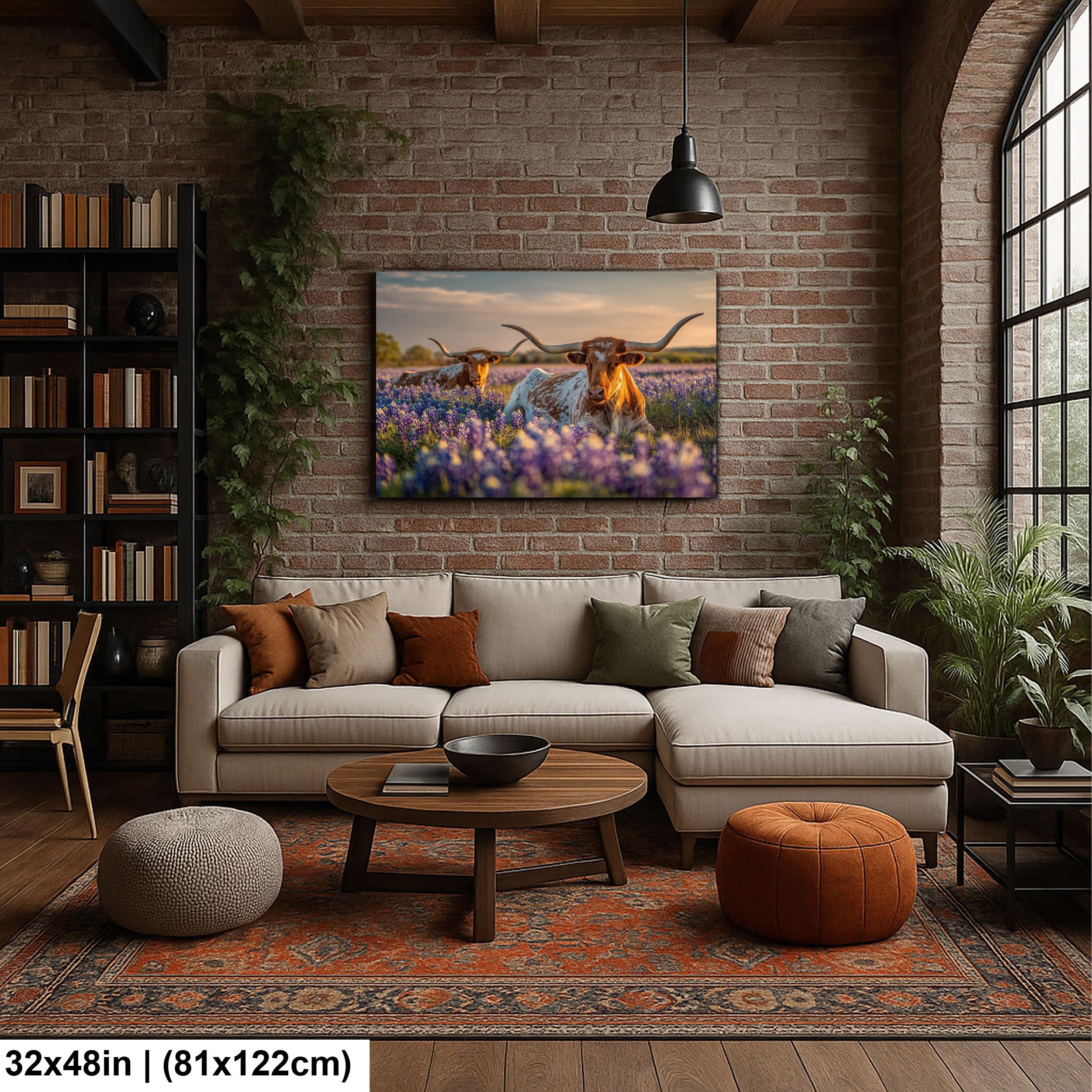 Longhorn Cattle Painting | Textured Rustic Wall Art With Bluebonnet Meadow Print