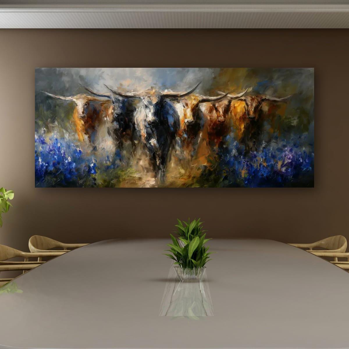 Longhorn Cattle Painting – Rustic Wall Art With Bluebonnet Landscape & Western Decor