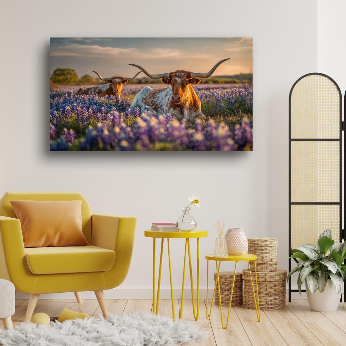 Longhorn Cattle Painting | Textured Rustic Wall Art With Bluebonnet Meadow Print