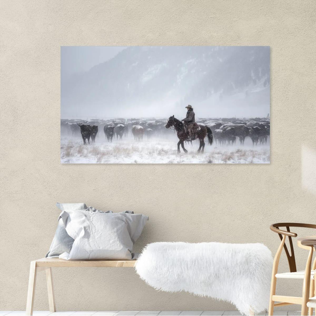 Cowboy Art Print – Rustic Western Home Decor With Winter Roundup Scene