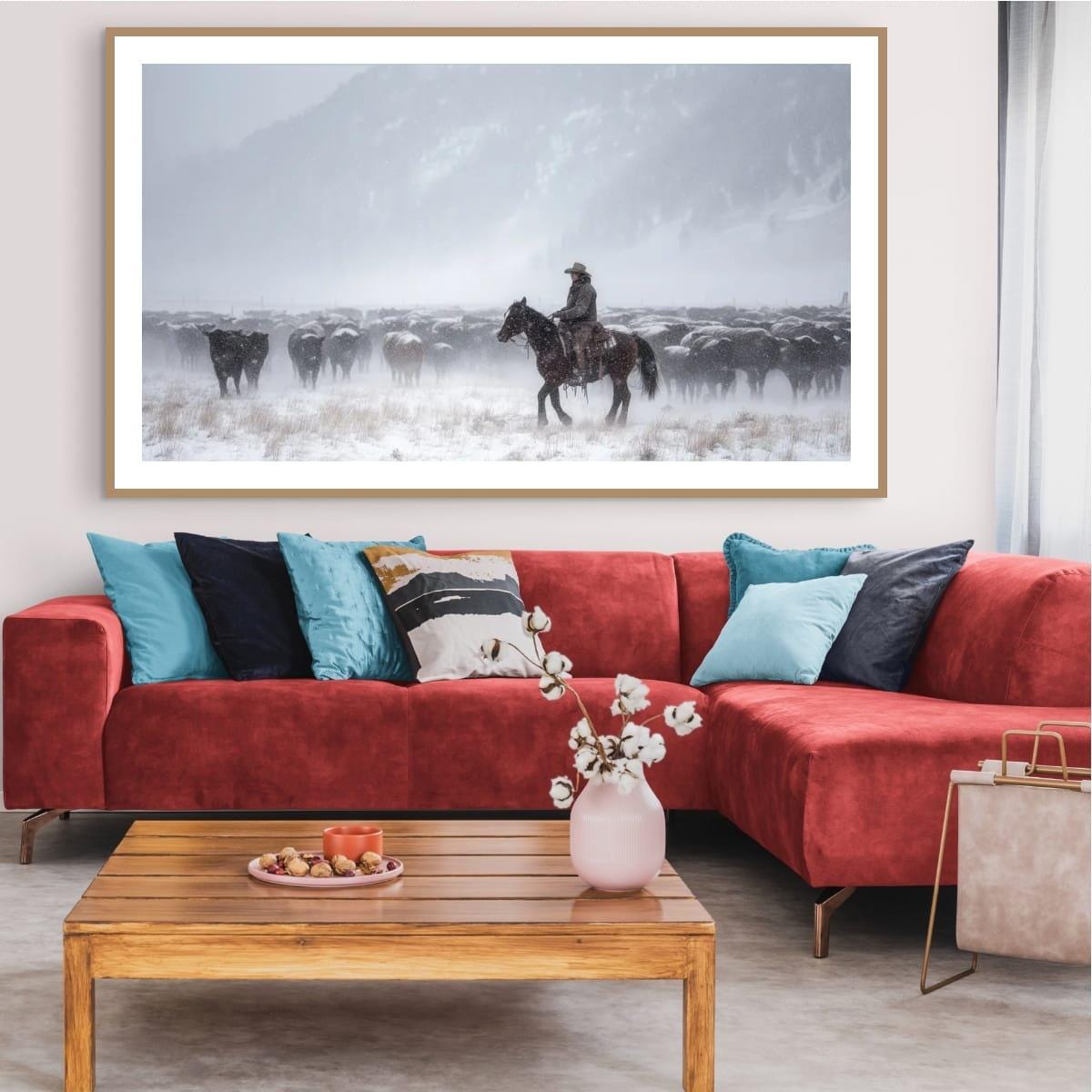 Cowboy Art Print – Rustic Western Home Decor With Winter Roundup Scene