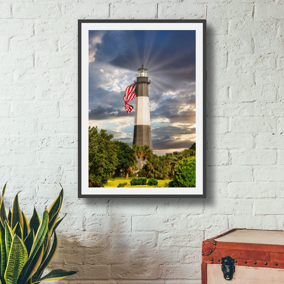 Tybee Island Lighthouse Print - Patriotic Coastal Wall Art With American Flag