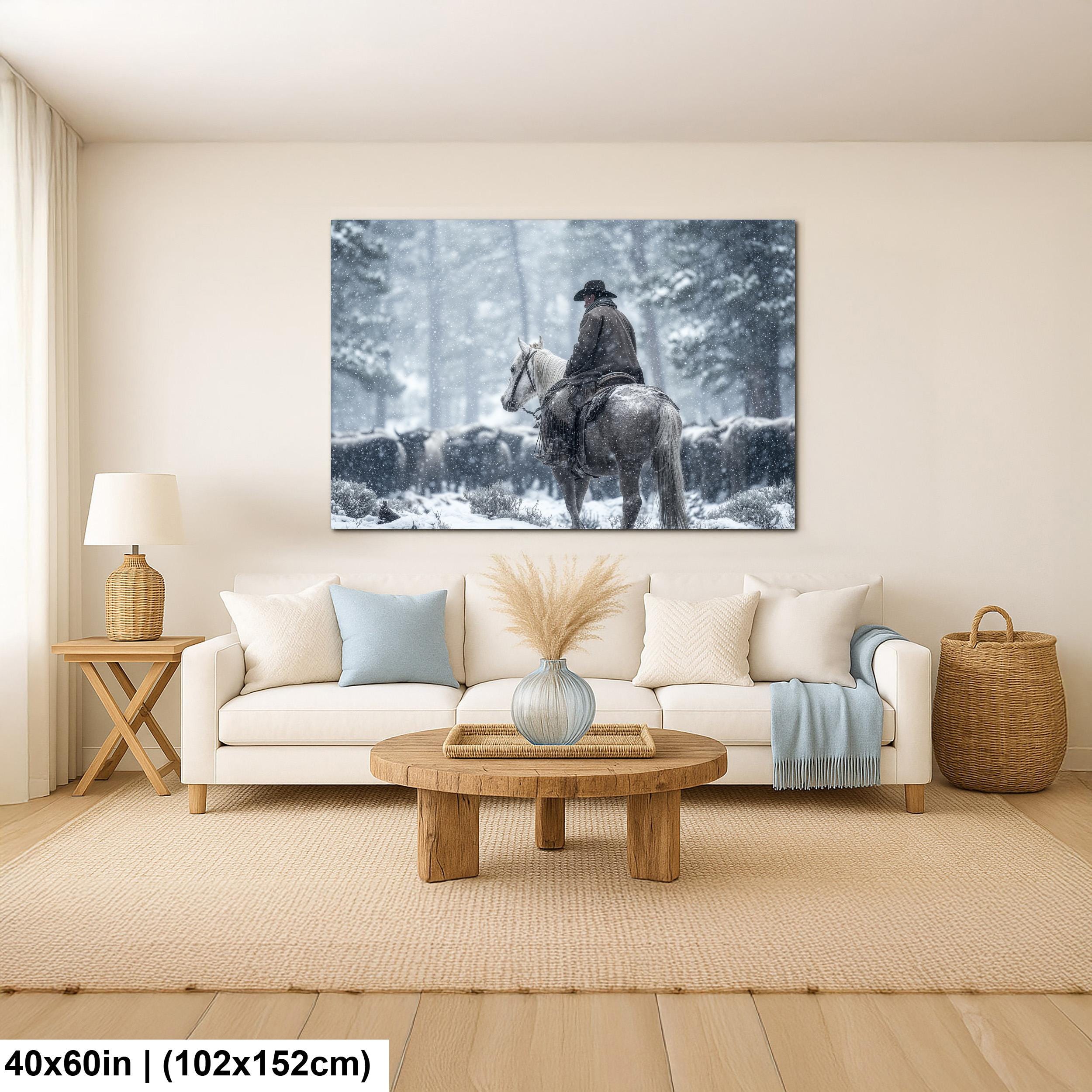 Cowboy Art Print - Rustic Western Home Decor With Mountain Snow Artwork