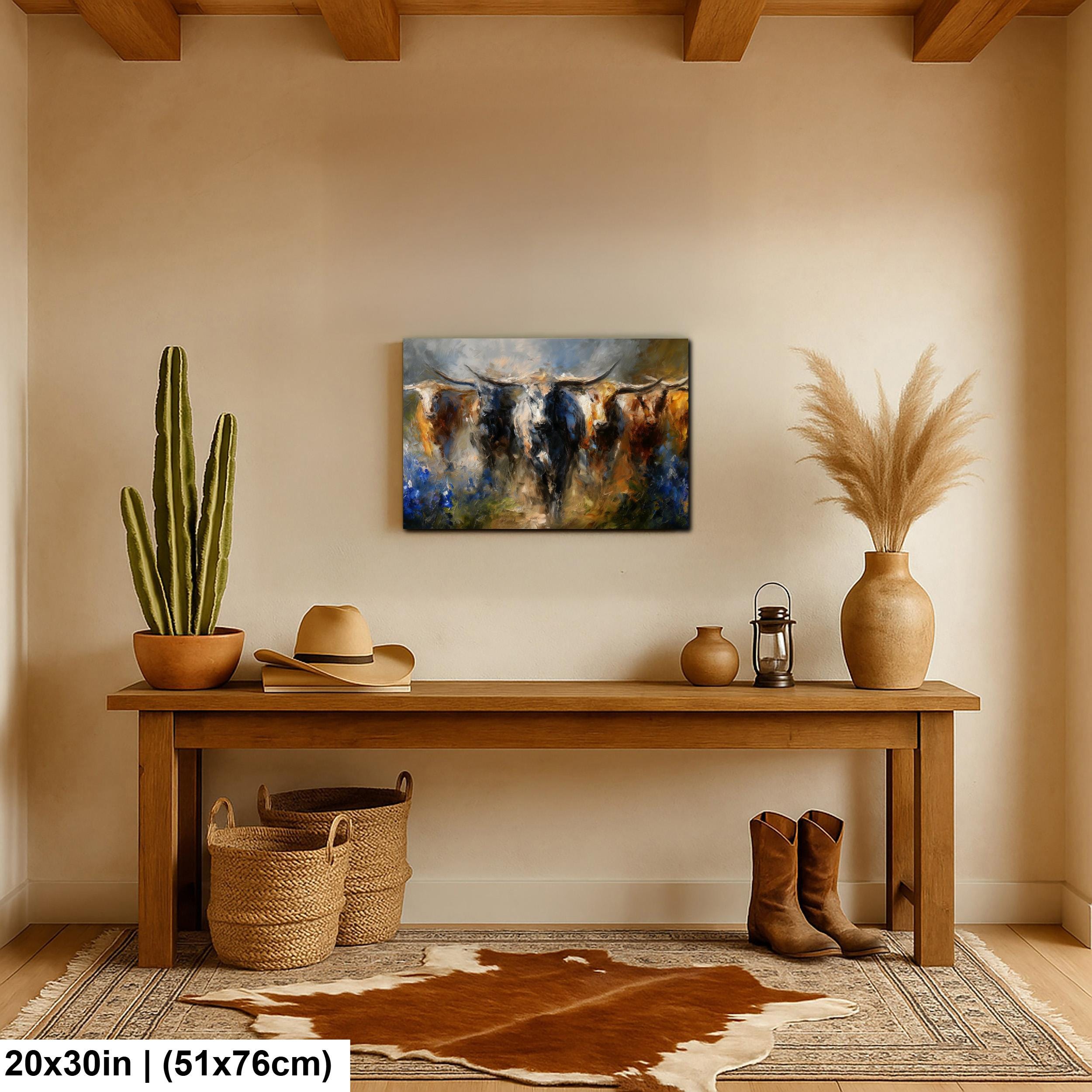 Longhorn Cattle Painting – Rustic Wall Art With Bluebonnet Landscape & Western Decor