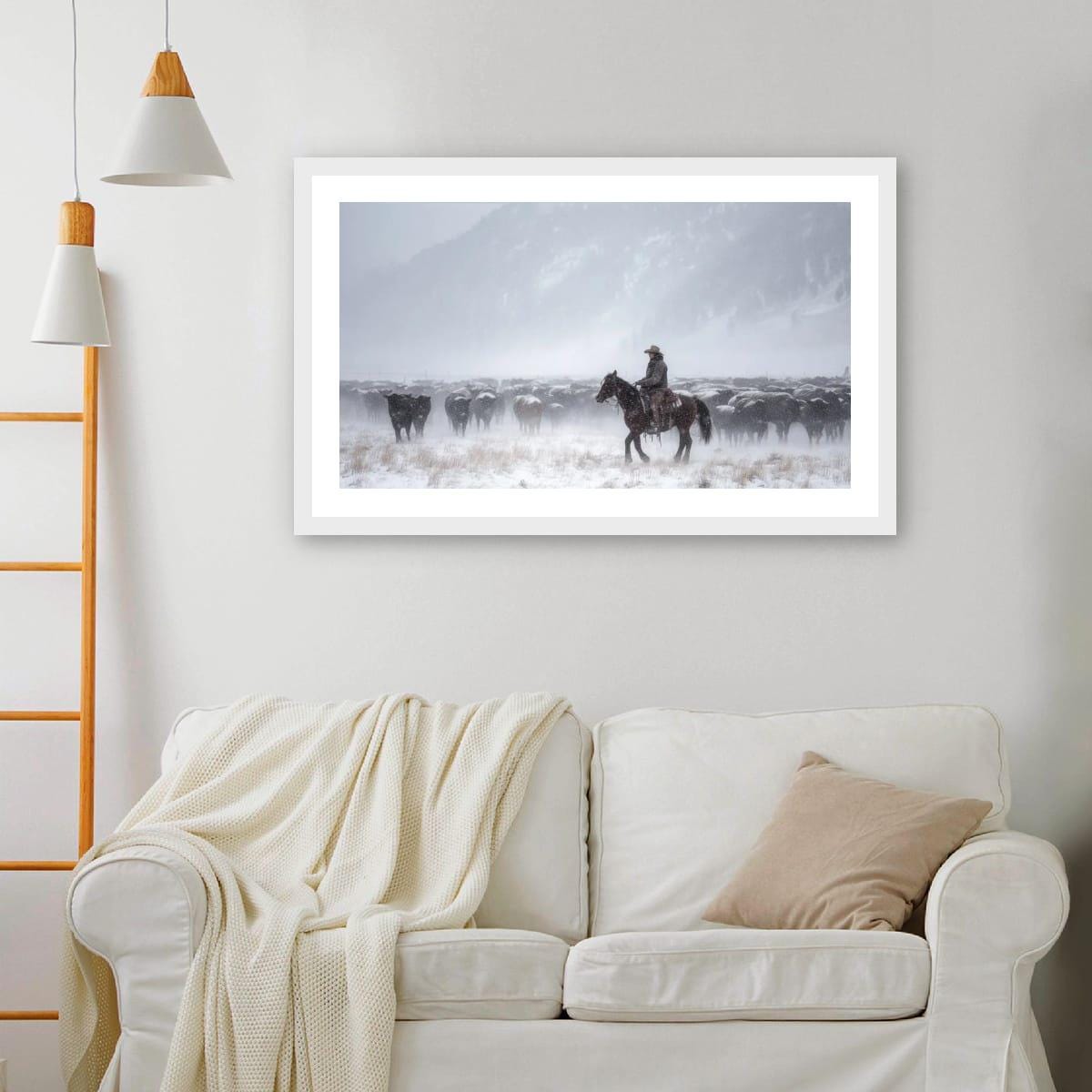 Cowboy Art Print – Rustic Western Home Decor With Winter Roundup Scene