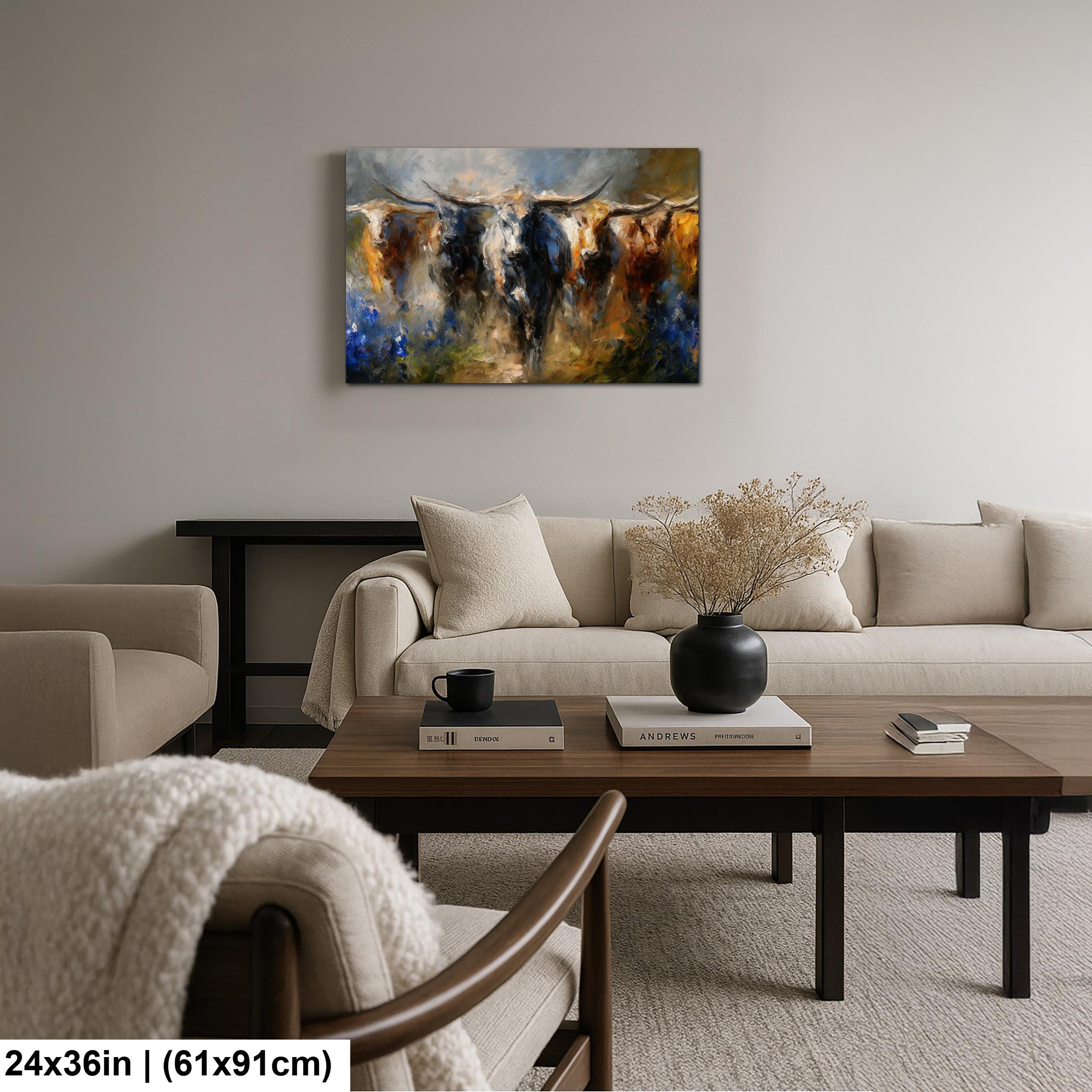 Longhorn Cattle Painting – Rustic Wall Art With Bluebonnet Landscape & Western Decor