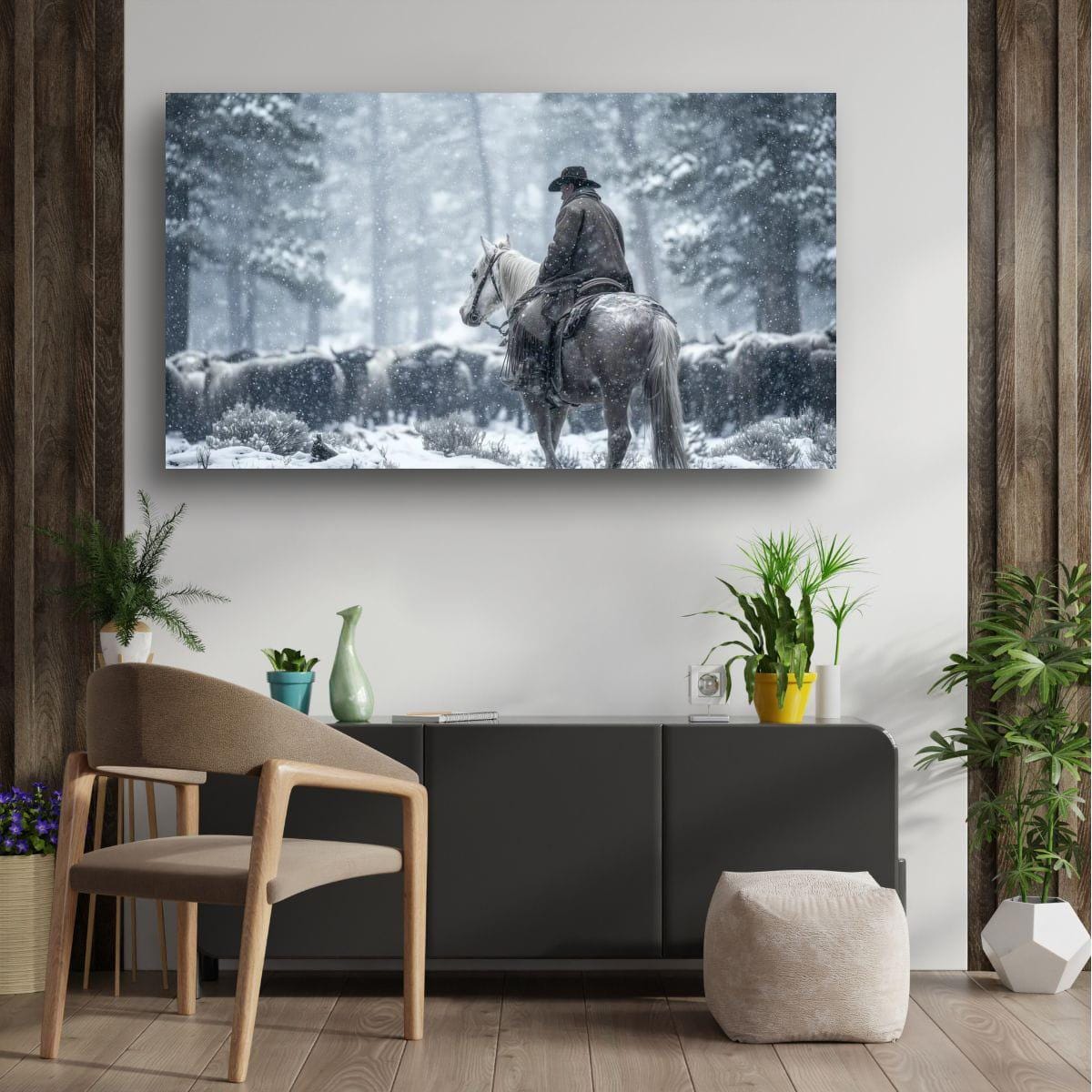 Cowboy Art Print - Rustic Western Home Decor With Mountain Snow Artwork