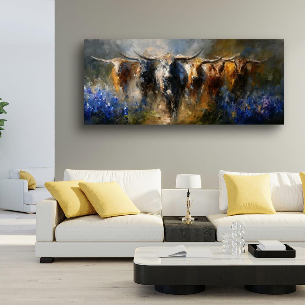 Longhorn Cattle Painting – Rustic Wall Art With Bluebonnet Landscape & Western Decor