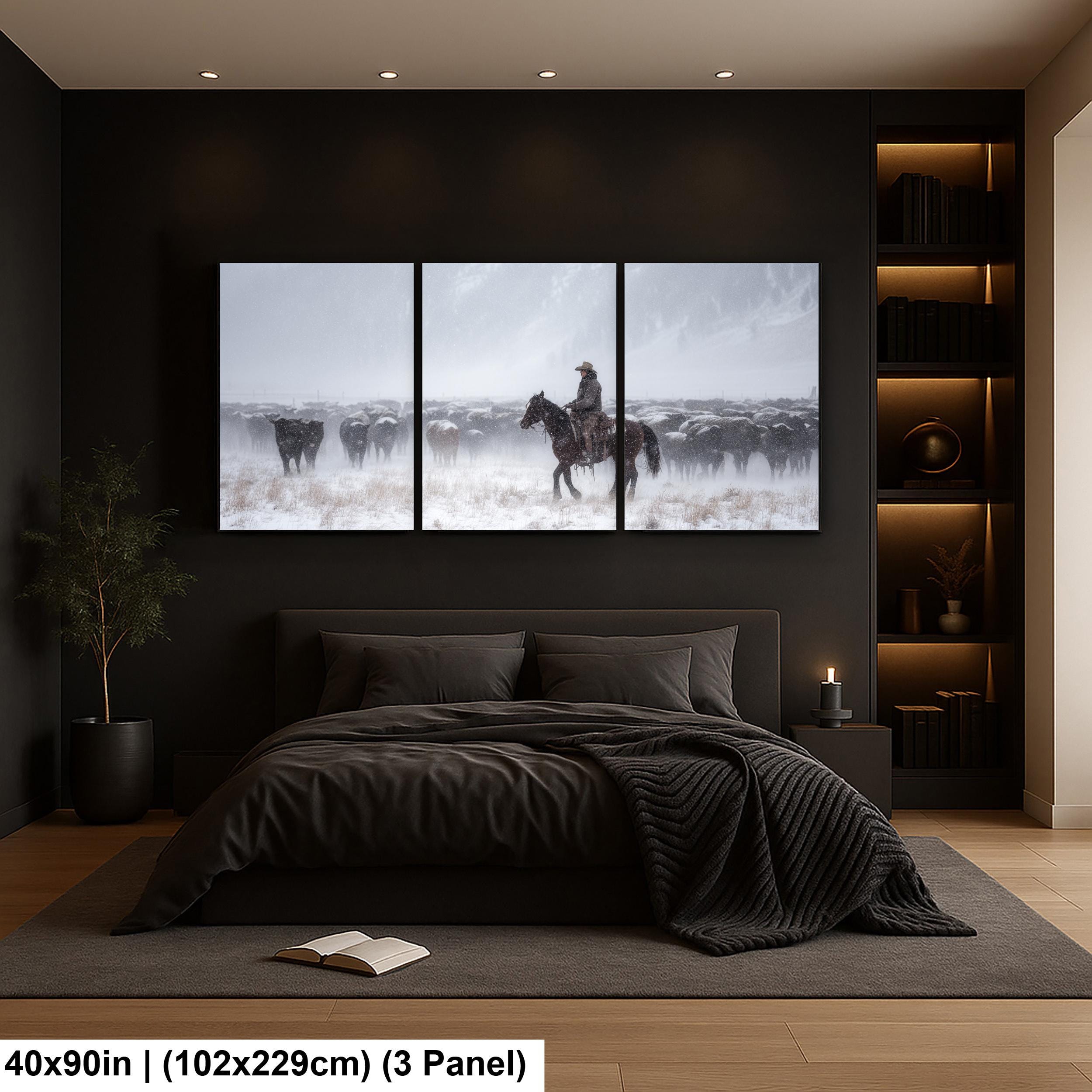 Cowboy Art Print – Rustic Western Home Decor With Winter Roundup Scene
