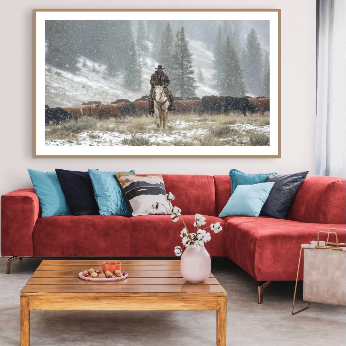Cowboy Art Print - Rustic Western Decor | Winter Roundup Snowy Scene