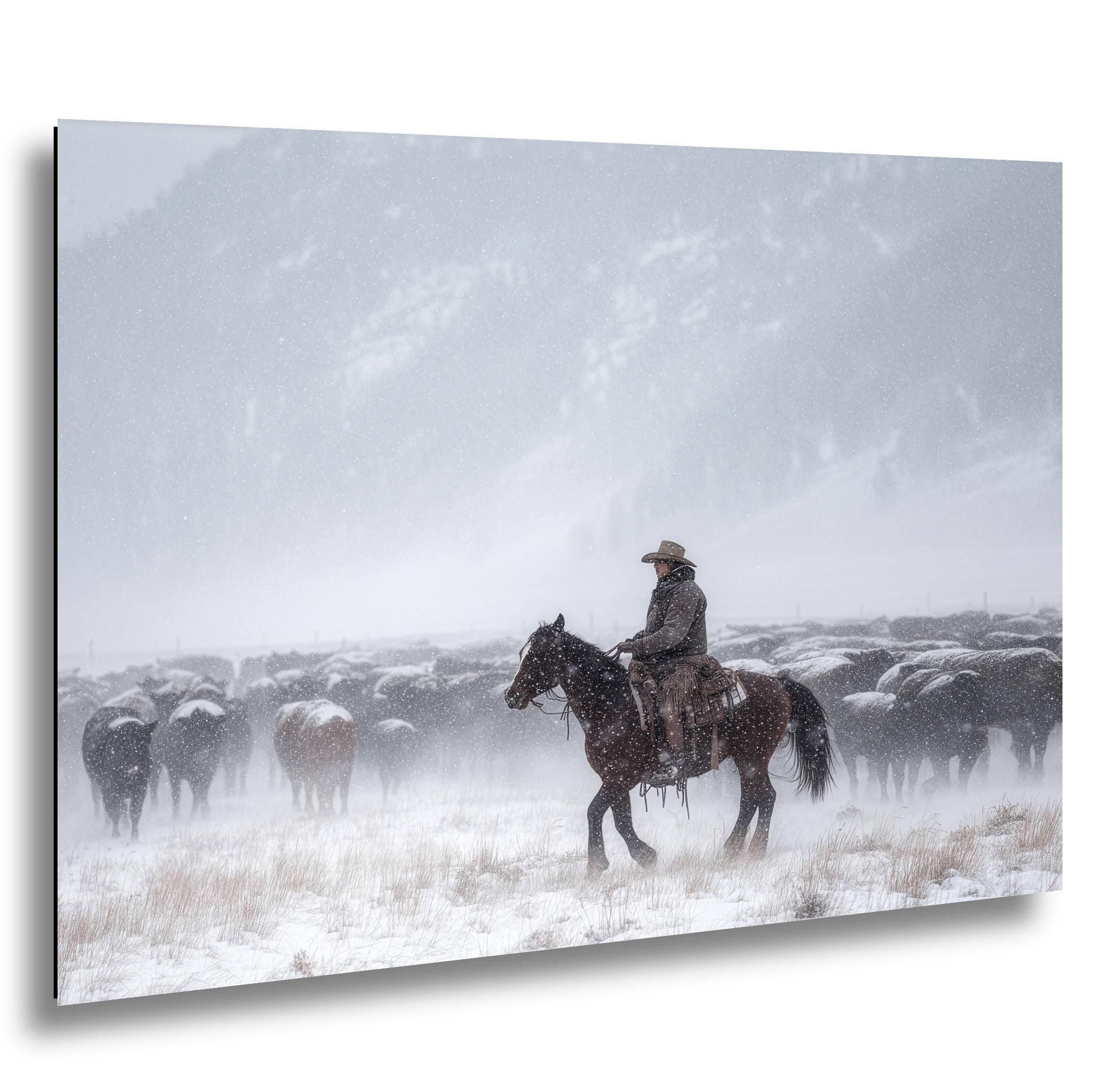 Cowboy Art Print – Rustic Western Home Decor With Winter Roundup Scene