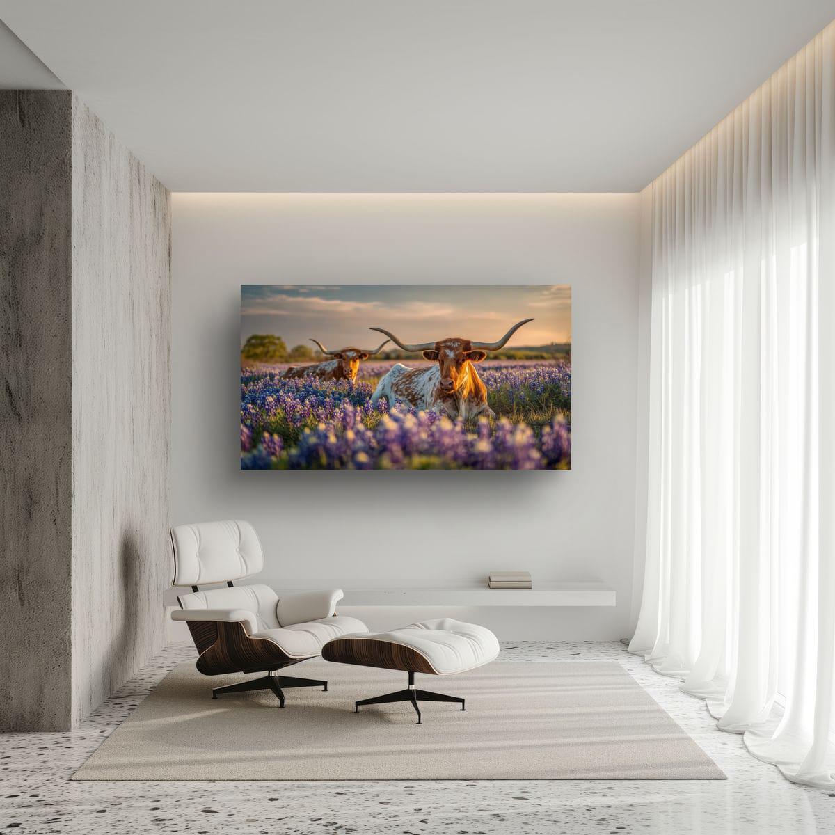 Longhorn Cattle Painting | Textured Rustic Wall Art With Bluebonnet Meadow Print