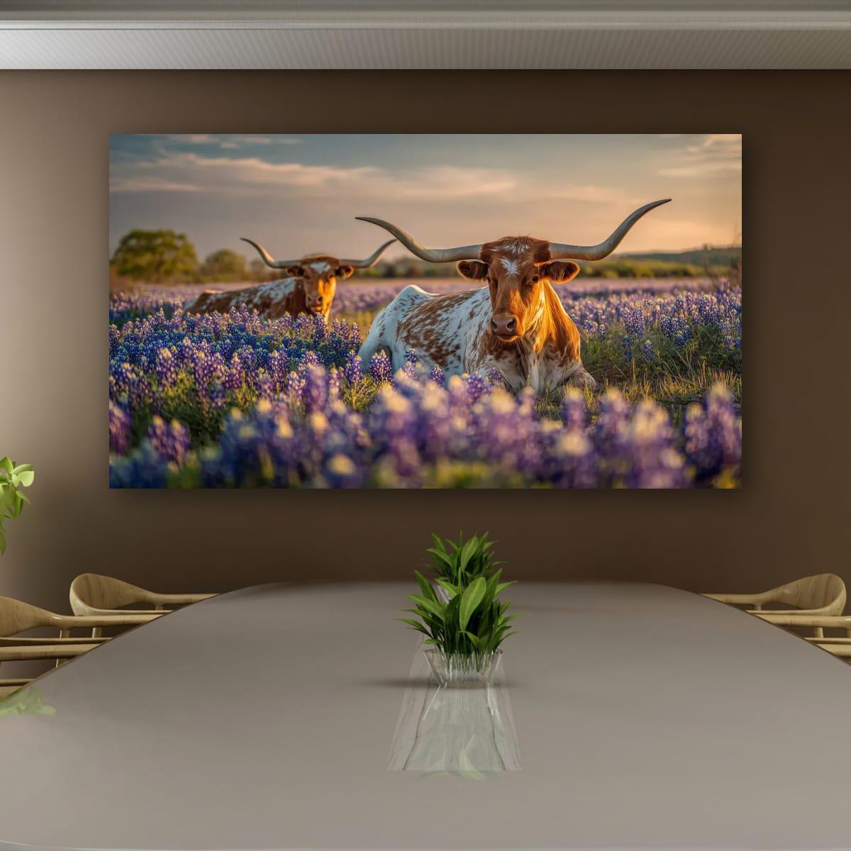 Longhorn Cattle Painting | Textured Rustic Wall Art With Bluebonnet Meadow Print