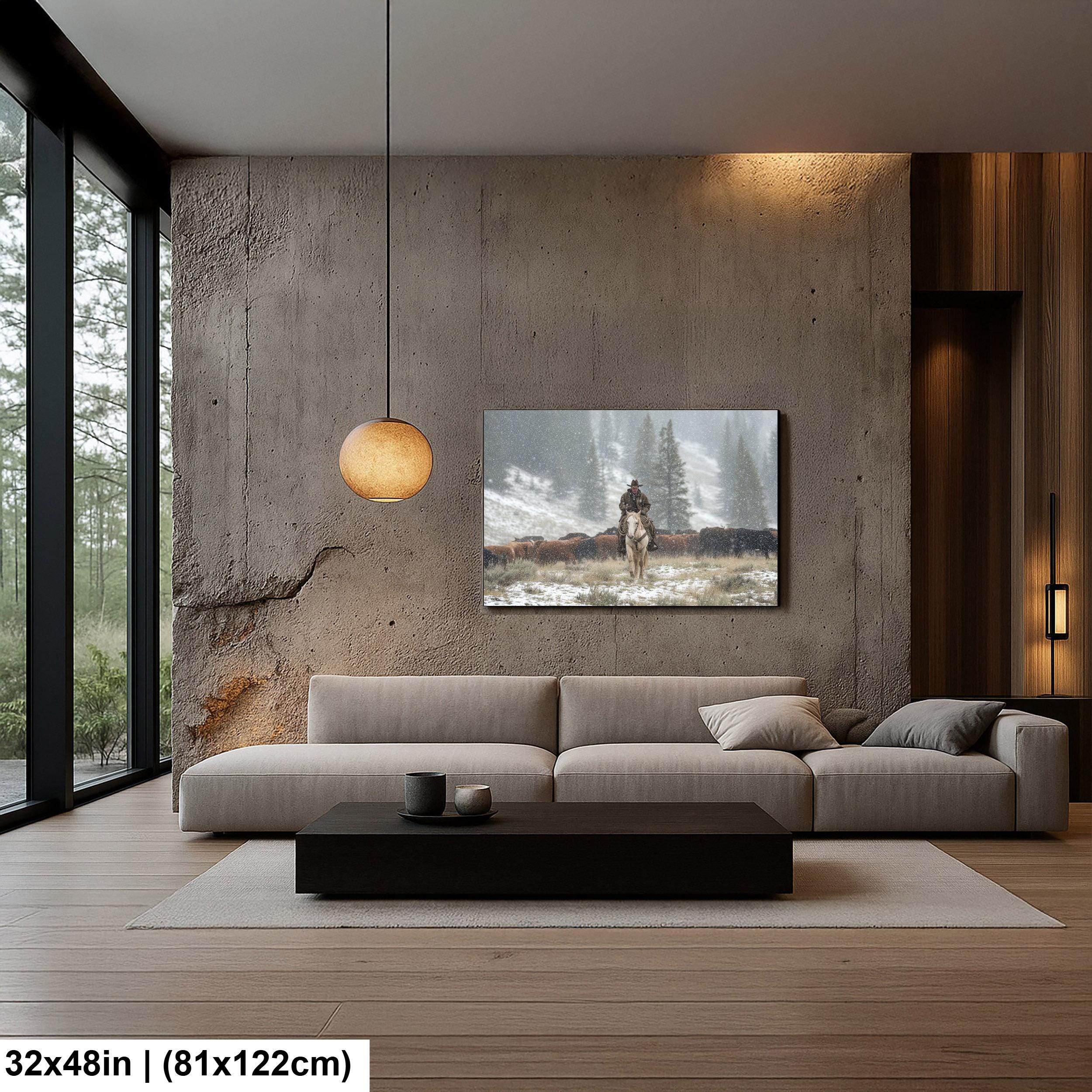 Cowboy Art Print - Rustic Western Decor | Winter Roundup Snowy Scene