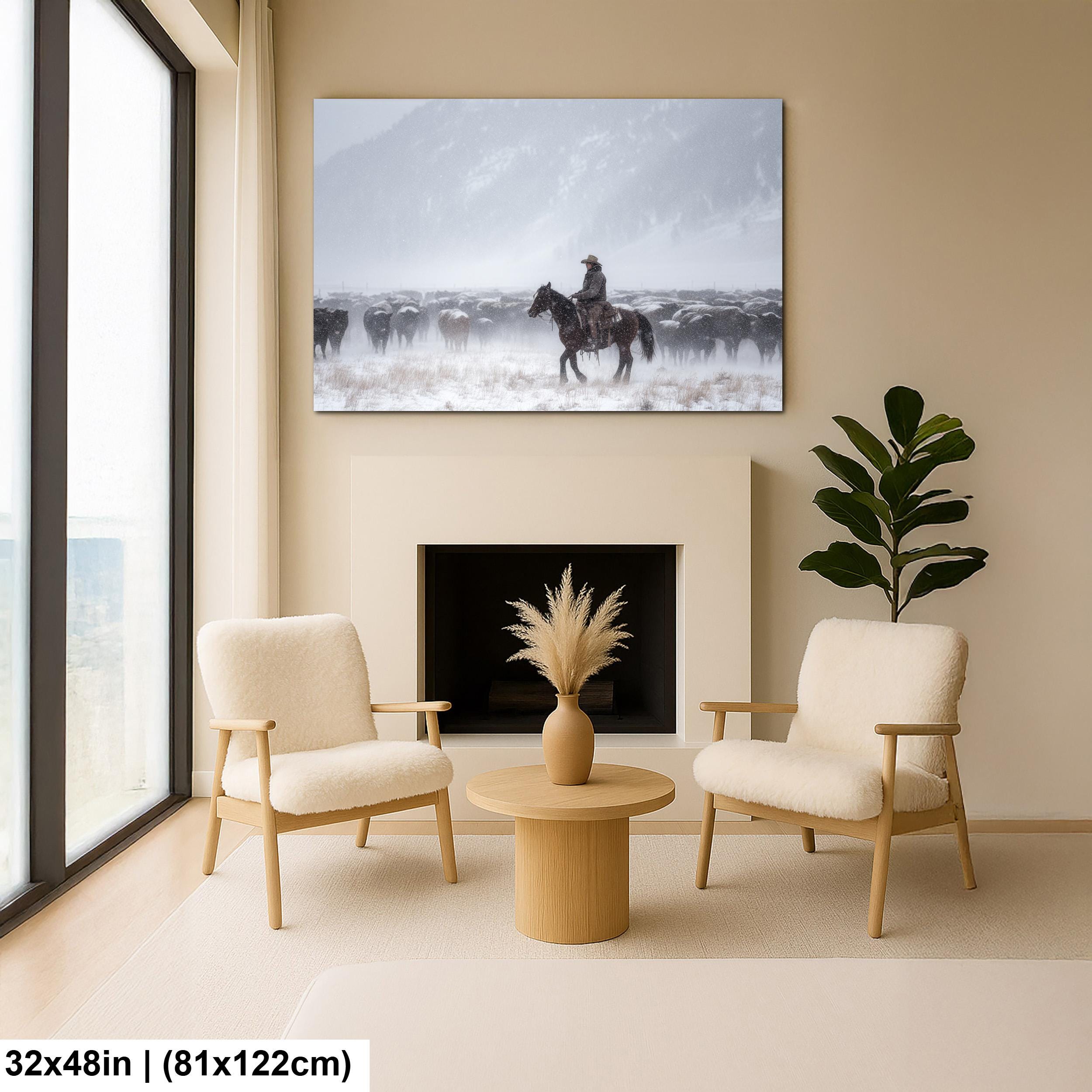 Cowboy Art Print – Rustic Western Home Decor With Winter Roundup Scene