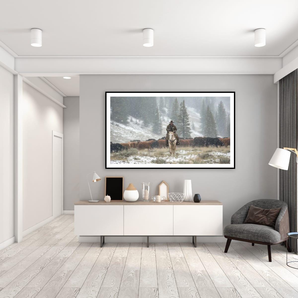 Cowboy Art Print - Rustic Western Decor | Winter Roundup Snowy Scene