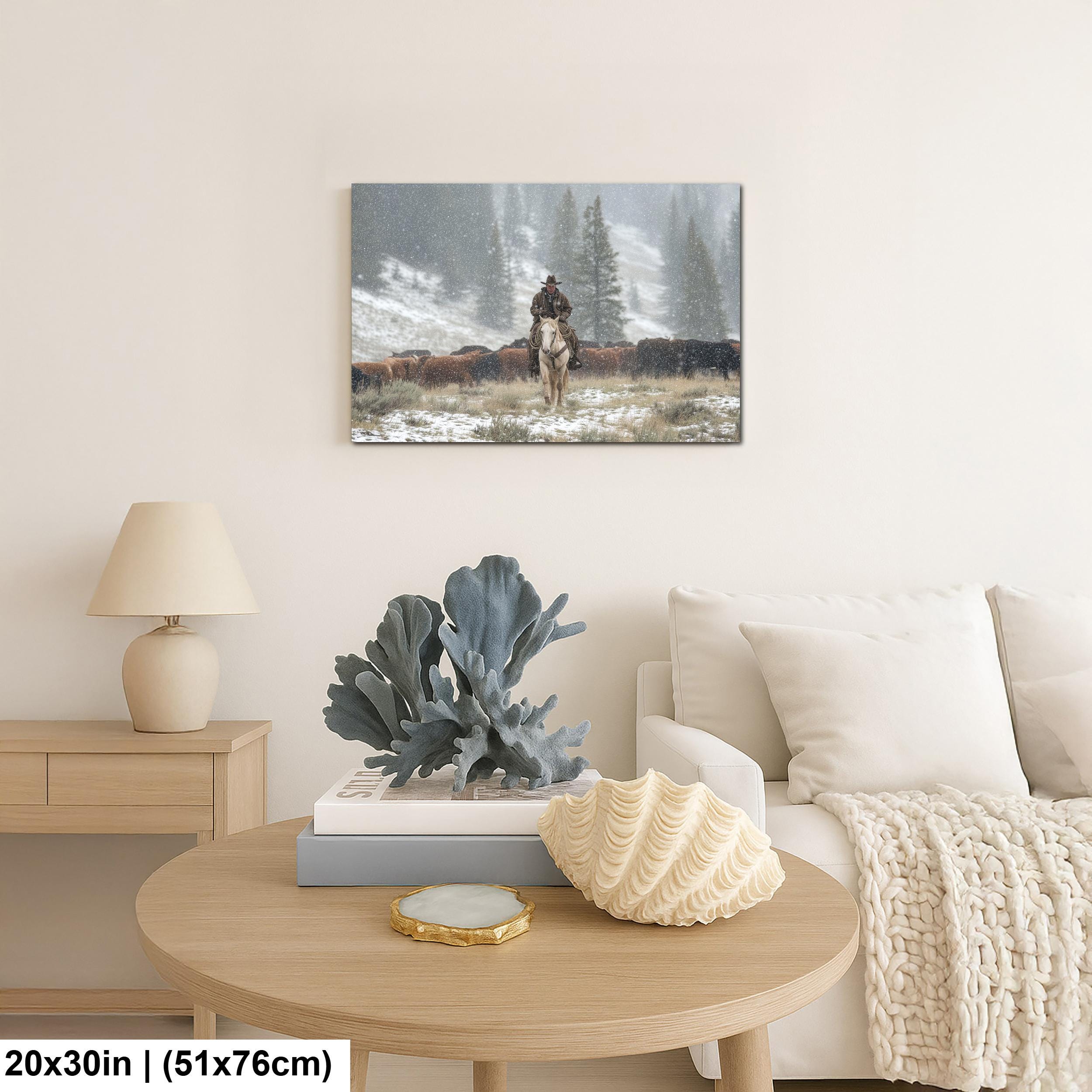 Cowboy Art Print - Rustic Western Decor | Winter Roundup Snowy Scene