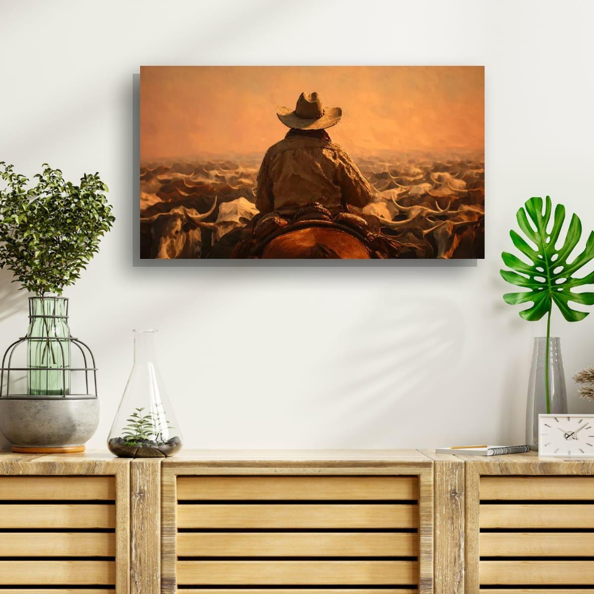 Cowboy Art Print - Rustic Western Decor | Cattle Drive Painting & Horseback Riding