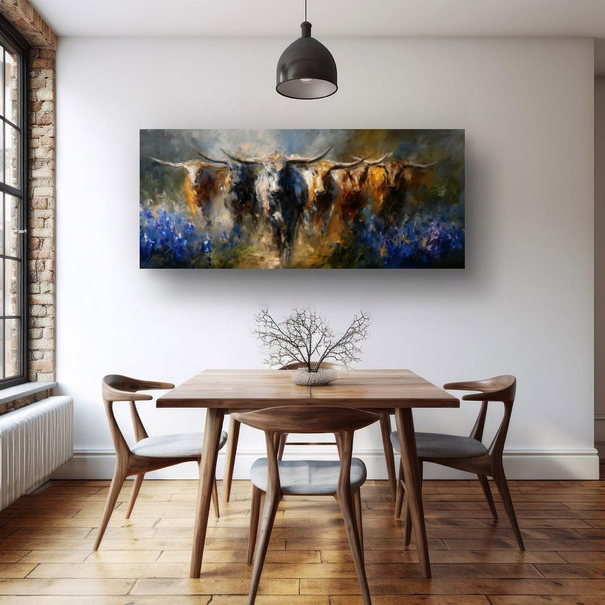 Longhorn Cattle Painting – Rustic Wall Art With Bluebonnet Landscape & Western Decor