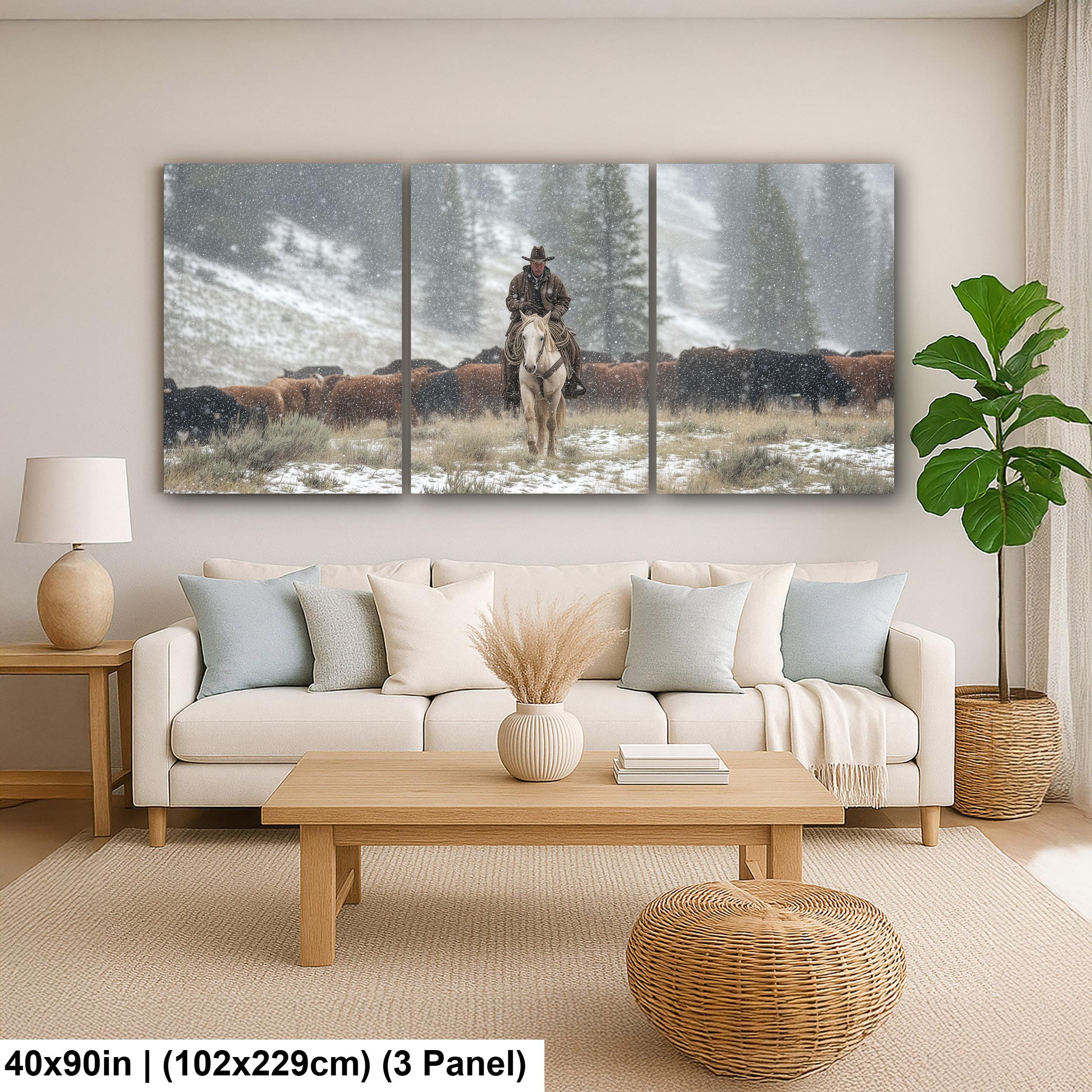 Cowboy Art Print - Rustic Western Decor | Winter Roundup Snowy Scene