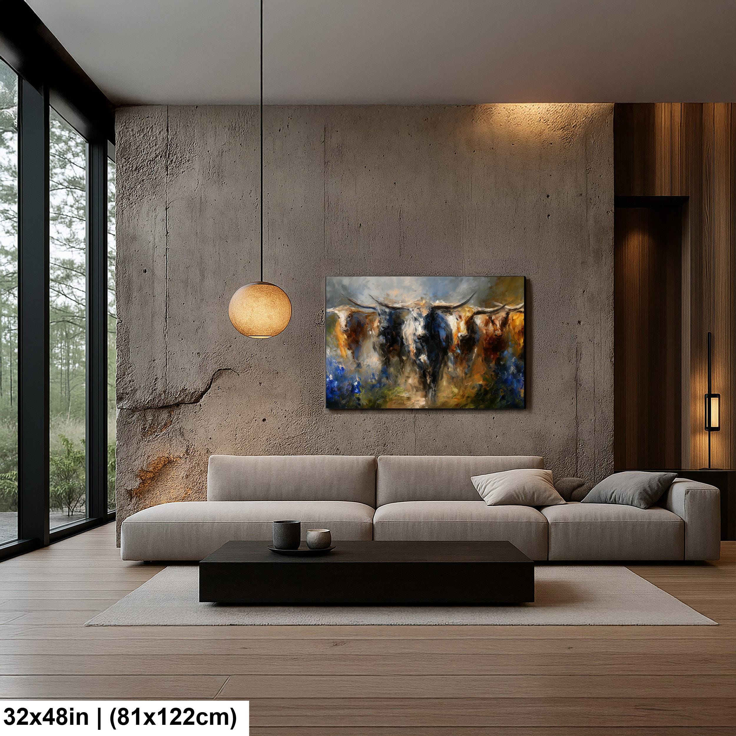 Longhorn Cattle Painting – Rustic Wall Art With Bluebonnet Landscape & Western Decor