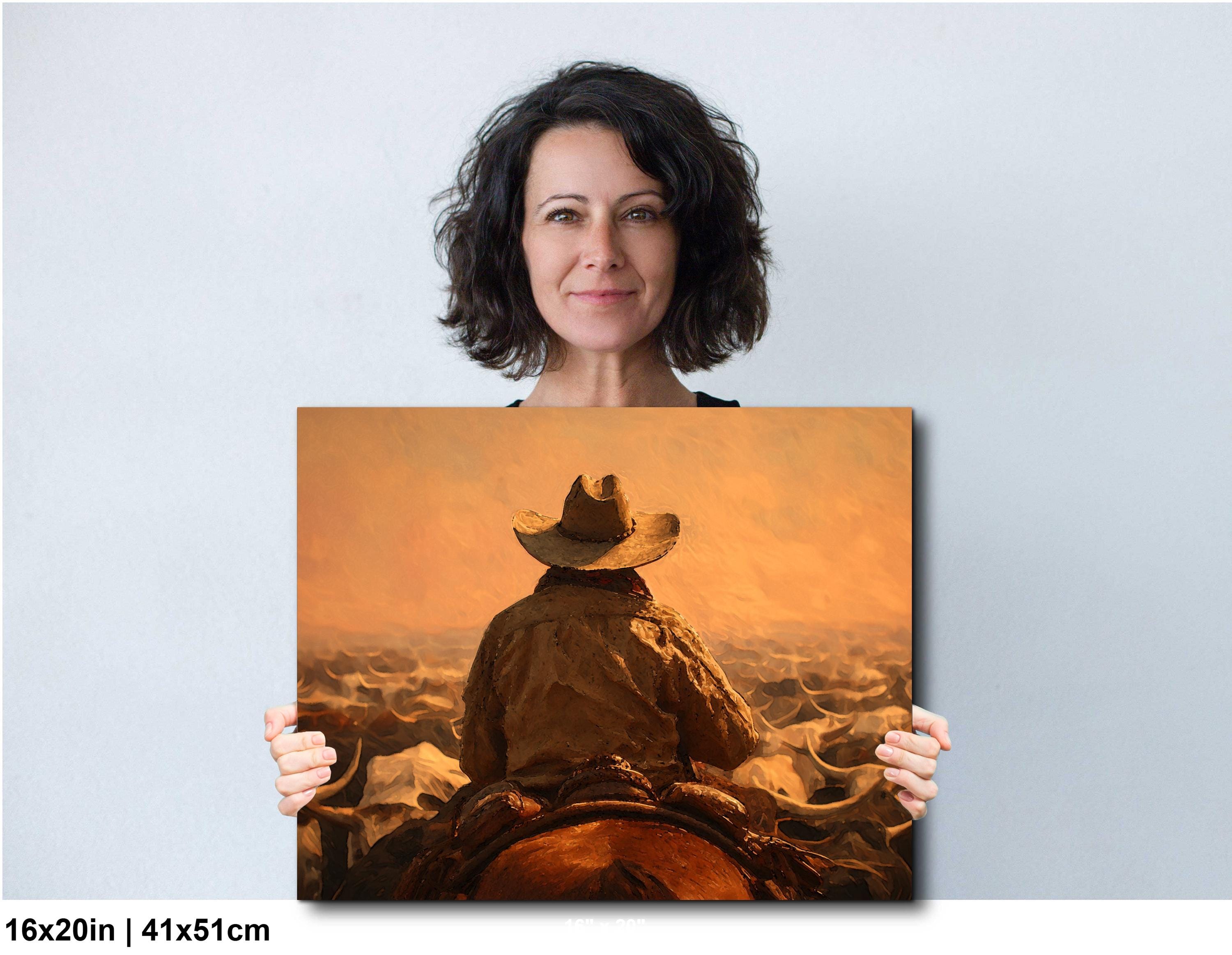Cowboy Art Print - Rustic Western Decor | Cattle Drive Painting & Horseback Riding