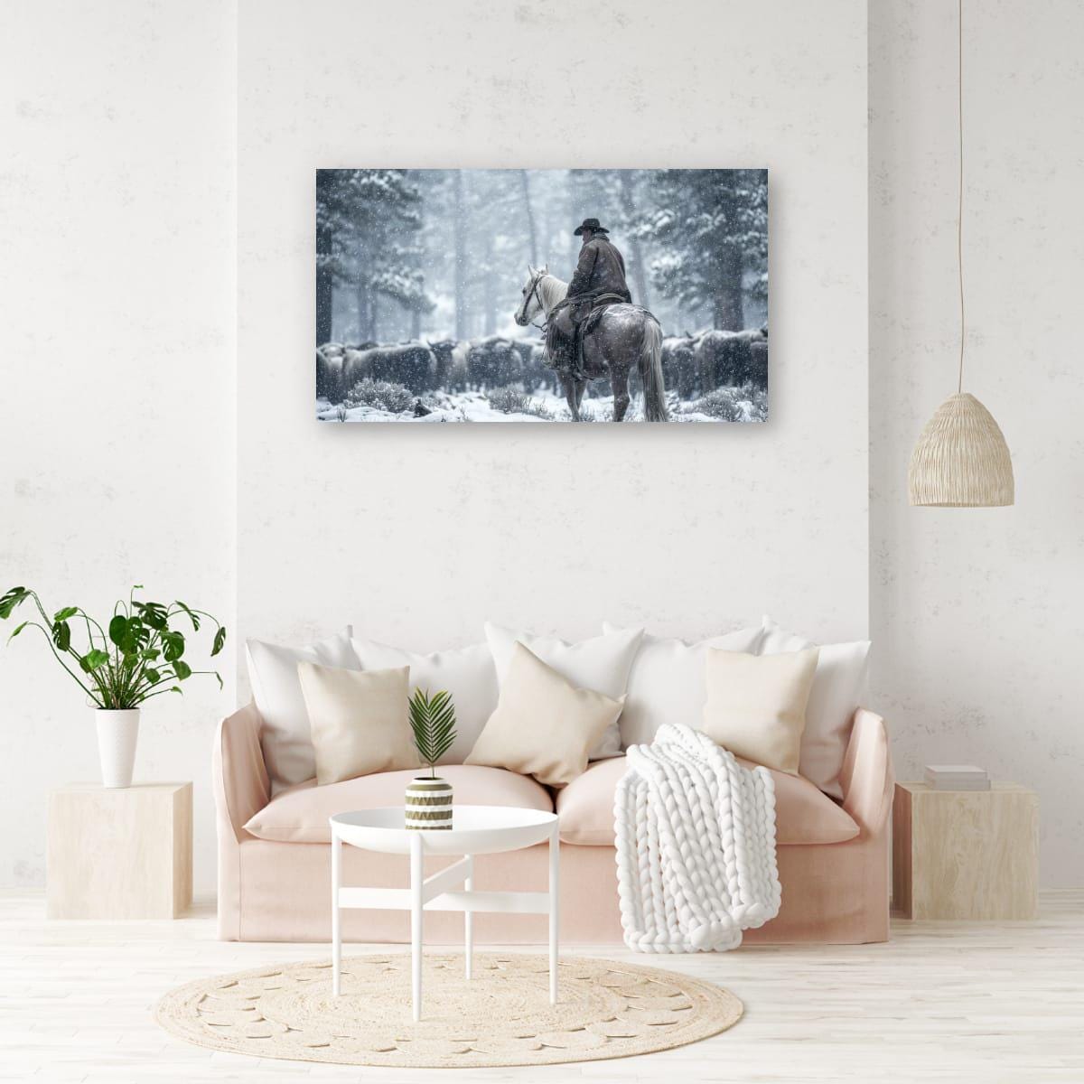 Cowboy Art Print - Rustic Western Home Decor With Mountain Snow Artwork