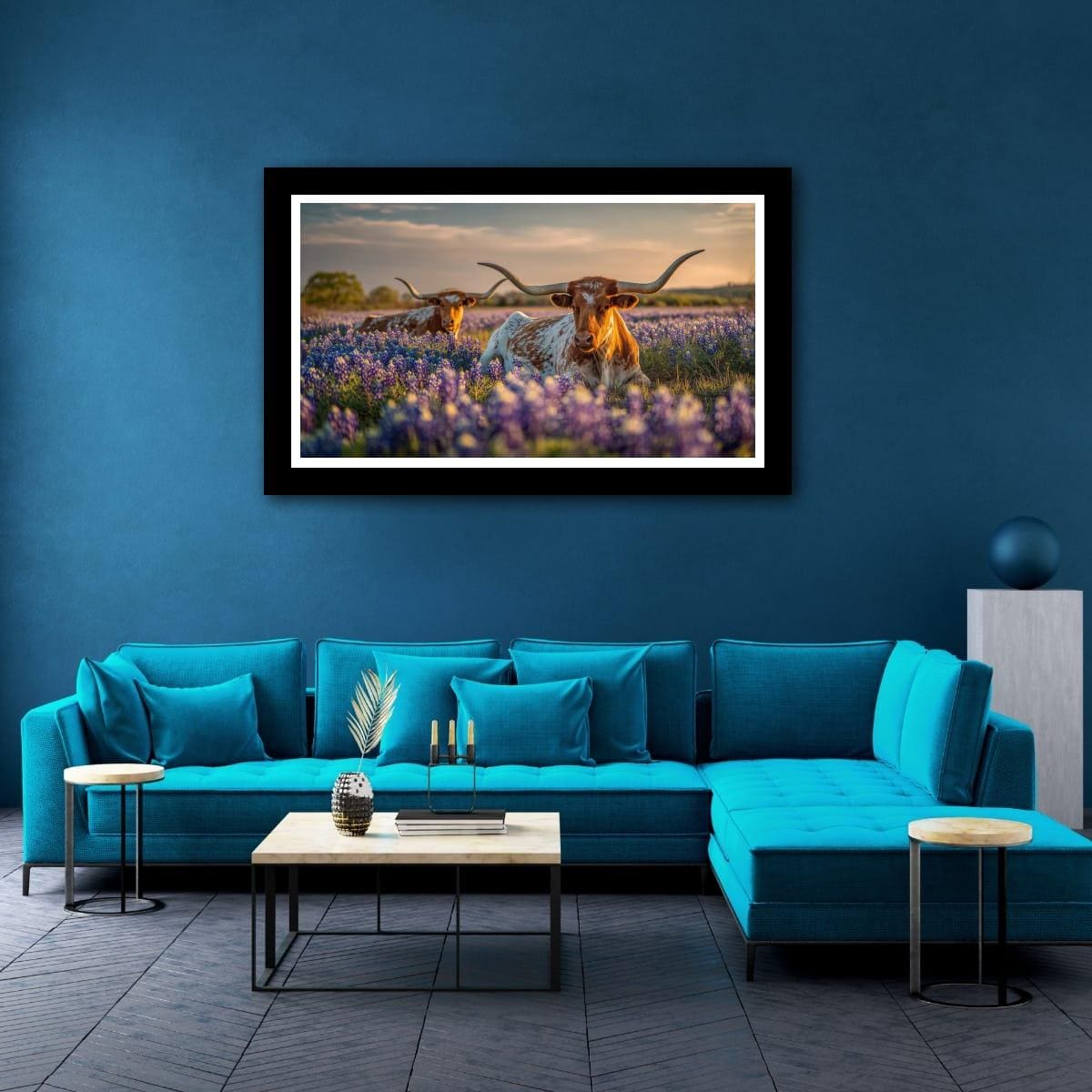 Longhorn Cattle Painting | Textured Rustic Wall Art With Bluebonnet Meadow Print