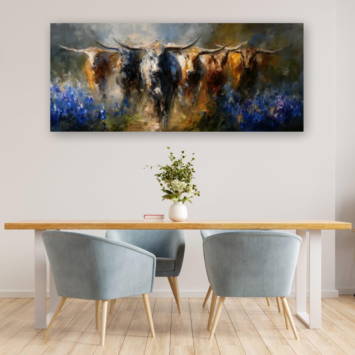 Longhorn Cattle Painting – Rustic Wall Art With Bluebonnet Landscape & Western Decor