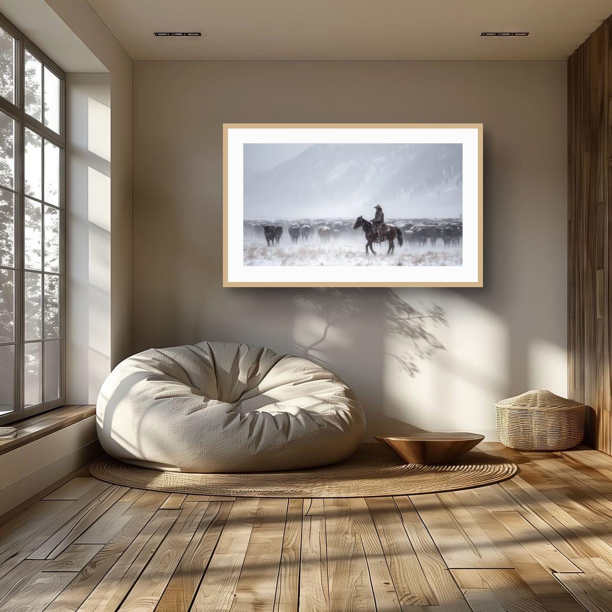Cowboy Art Print – Rustic Western Home Decor With Winter Roundup Scene